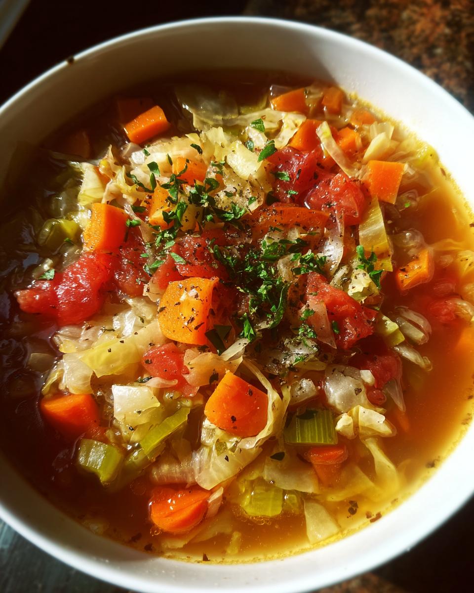 Bowl of low calorie cabbage soup with vegetables including carrots, tomatoes, and herbs.