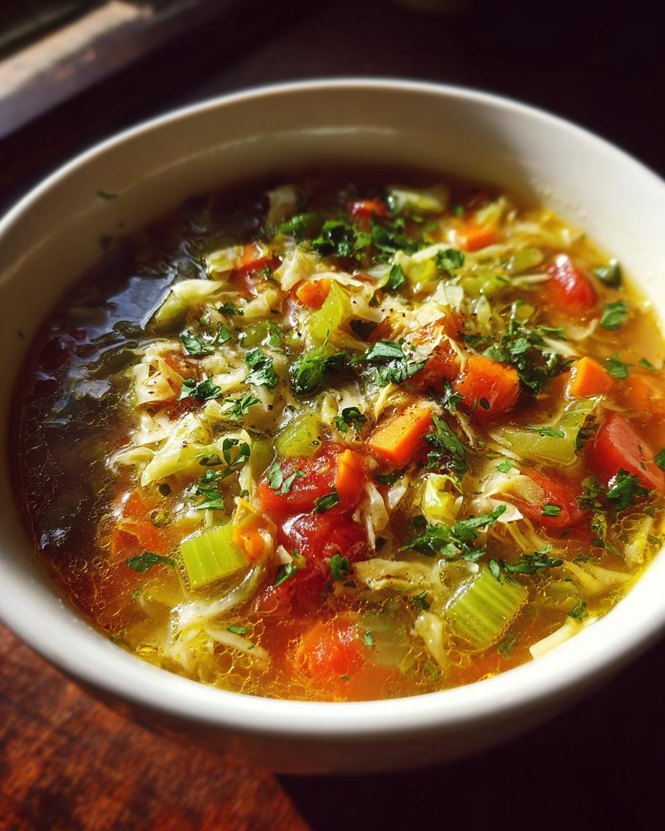 Close-up of a bowl of low calorie cabbage soup with vegetables including carrots, celery, and herbs.