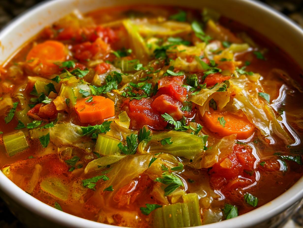 Close-up of low calorie cabbage soup with vegetables including carrots, celery, and tomatoes in a white bowl.