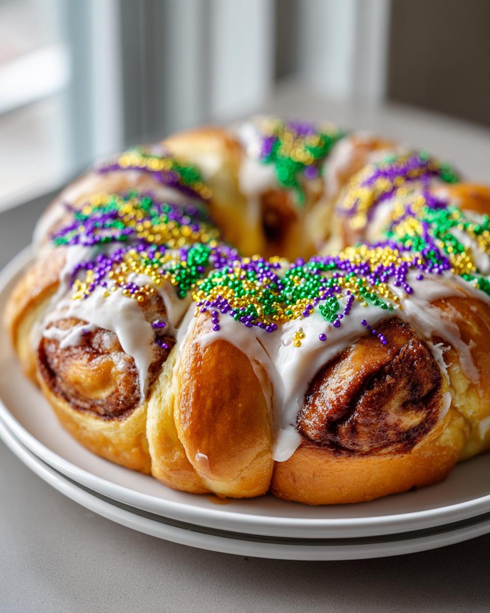Mardi Gras party food ideas easy featuring a king cake with white icing and purple, green, and gold sprinkles