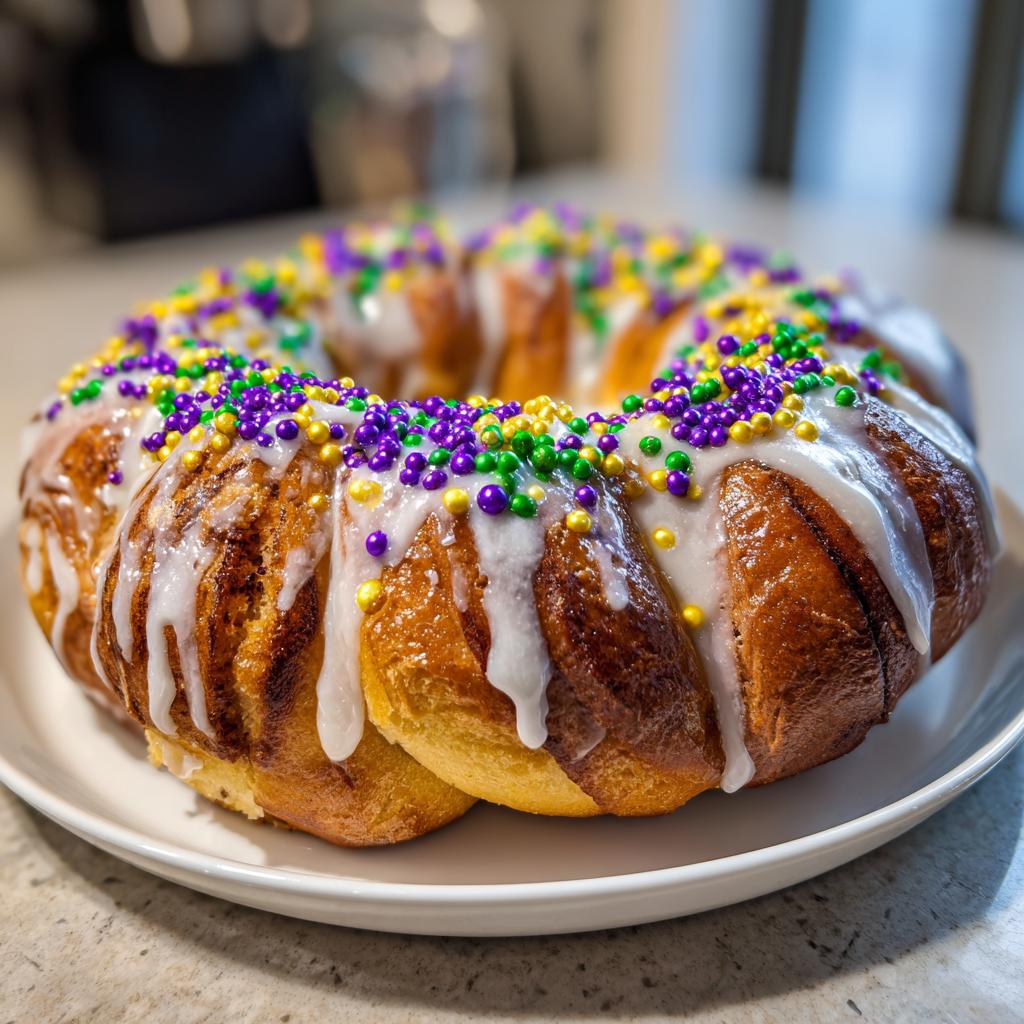 Traditional Mardi Gras King Cake topped with white icing and colorful purple, green, and gold sprinkles