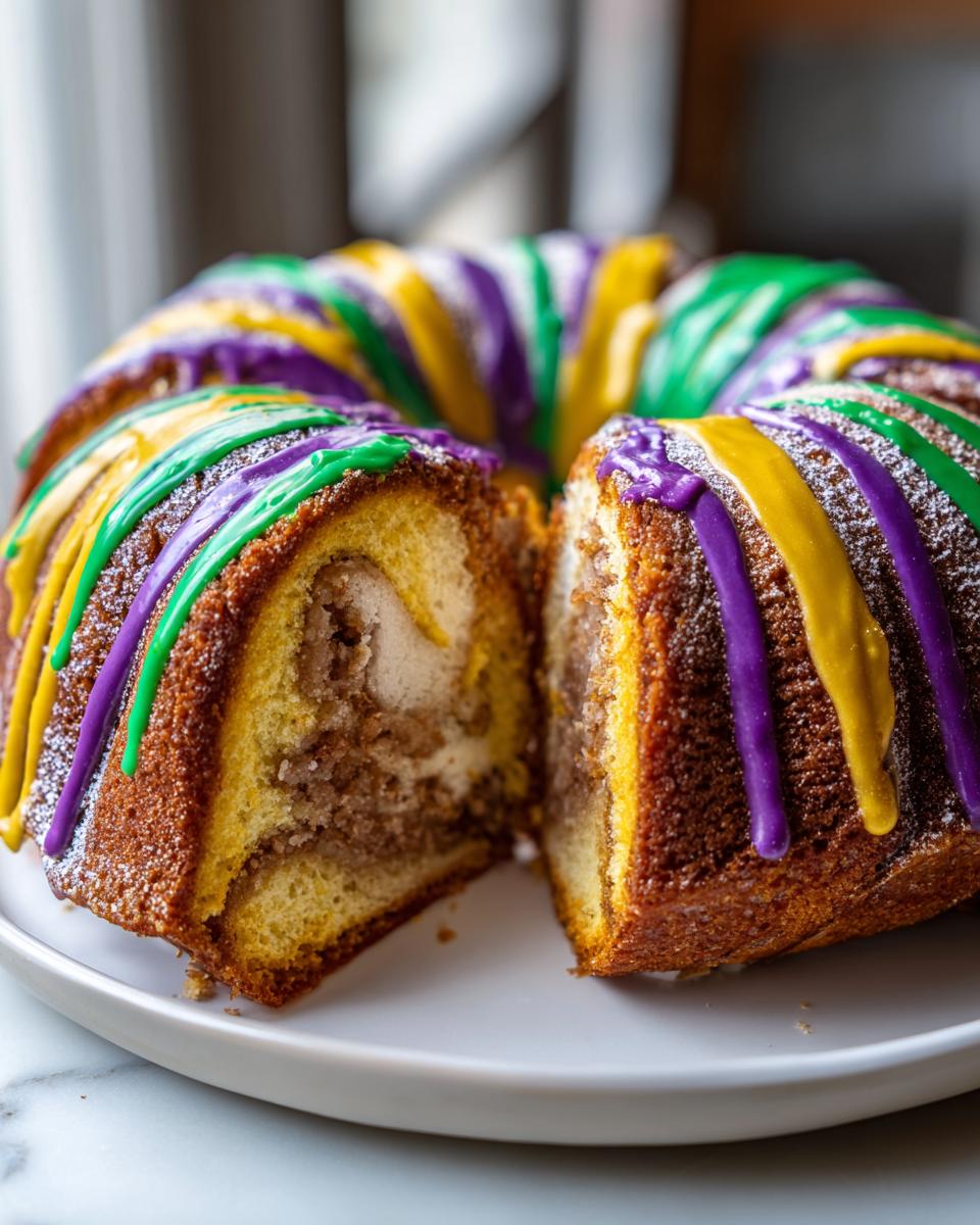 Close-up of a sliced mardi gras king cake inspired dessert bundt cake with purple, green, and yellow icing