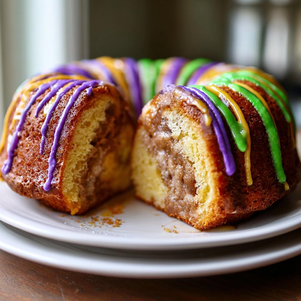 Close-up of a sliced Mardi Gras king cake inspired dessert with purple, green, and yellow icing drizzles