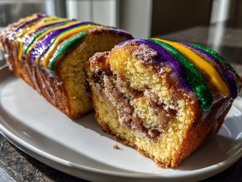 Sliced mardi gras king cake inspired dessert loaf with purple, green, and yellow icing stripes