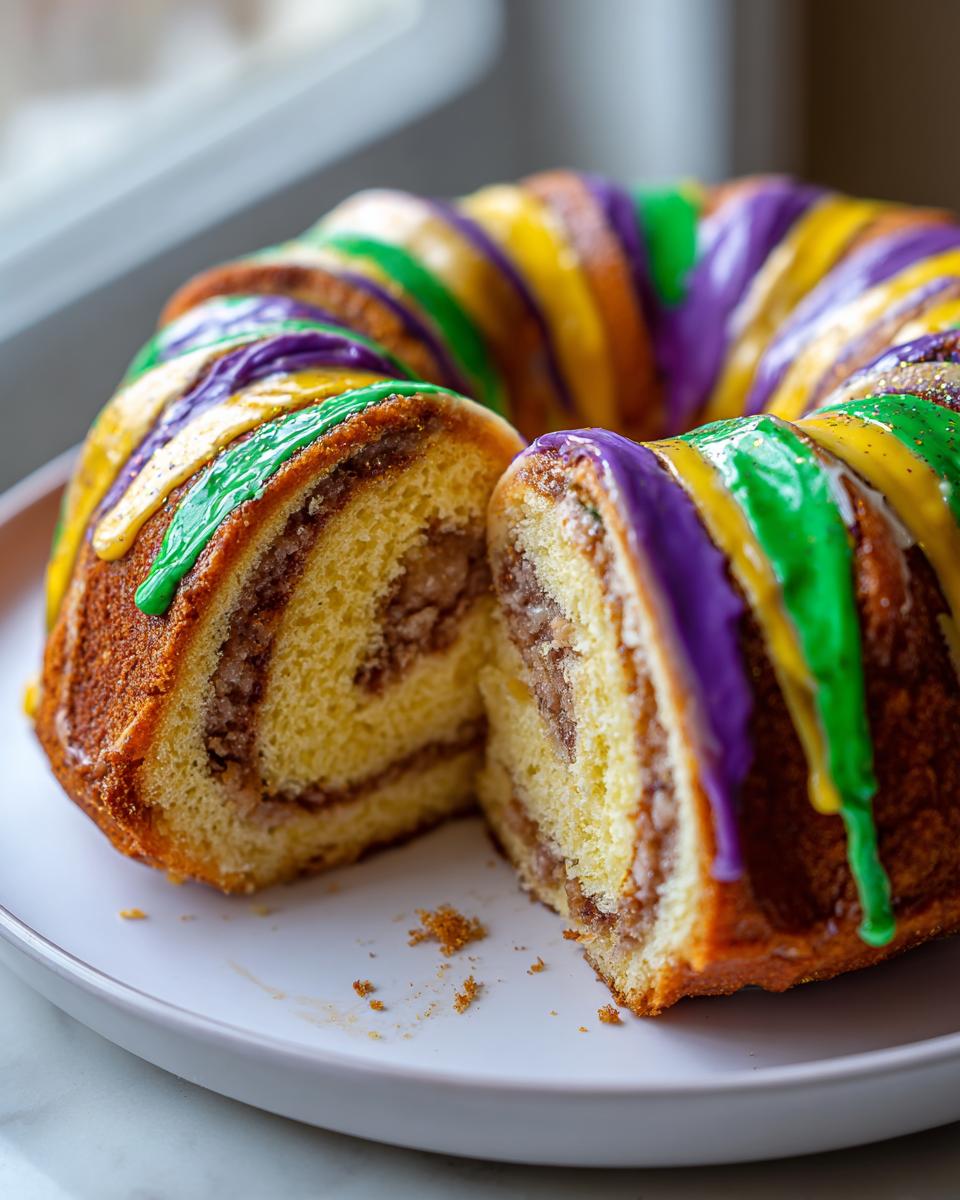 Close-up of a sliced mardi gras king cake inspired dessert with purple, green, and yellow icing