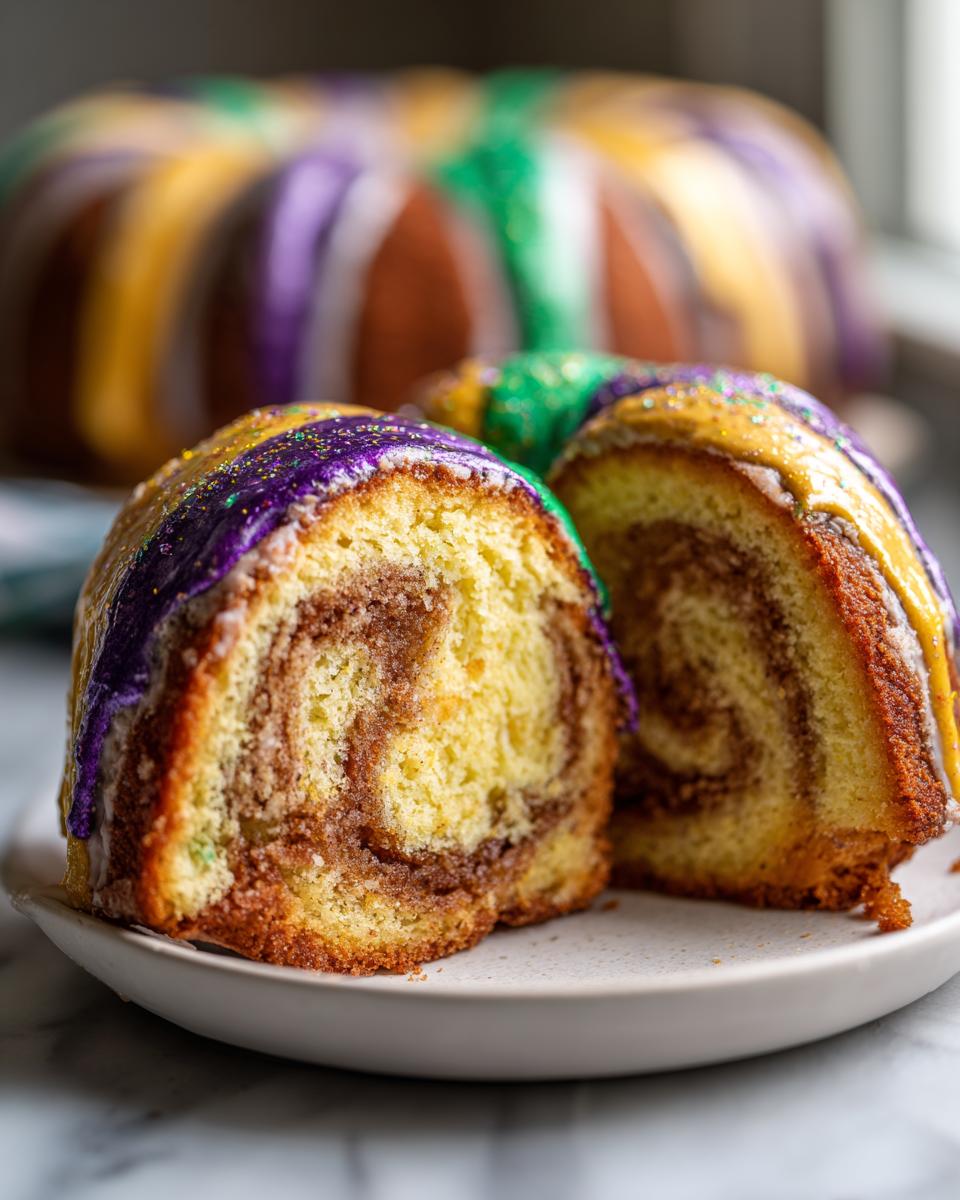 Close-up of a sliced mardi gras king cake inspired dessert with purple, green, and yellow icing.
