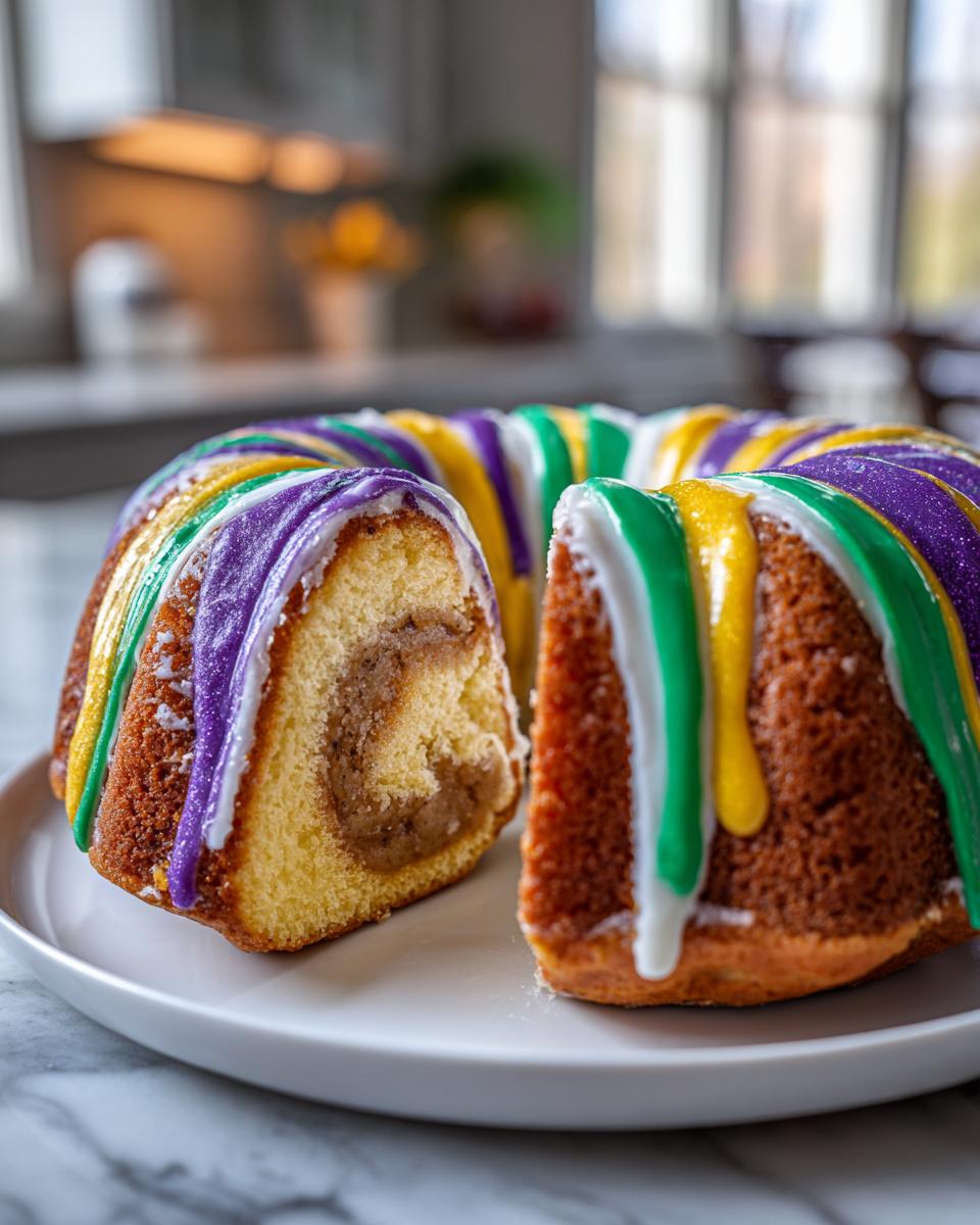 Close-up of a sliced mardi gras king cake inspired dessert with purple, green, yellow, and white icing.