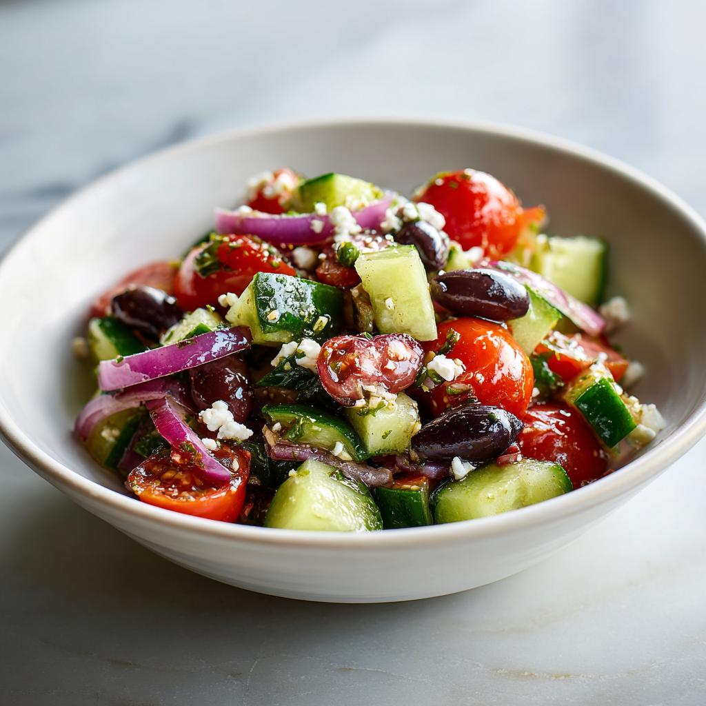 Bowl of Mediterranean salad with cucumber, olives, cherry tomatoes, red onion, and feta cheese