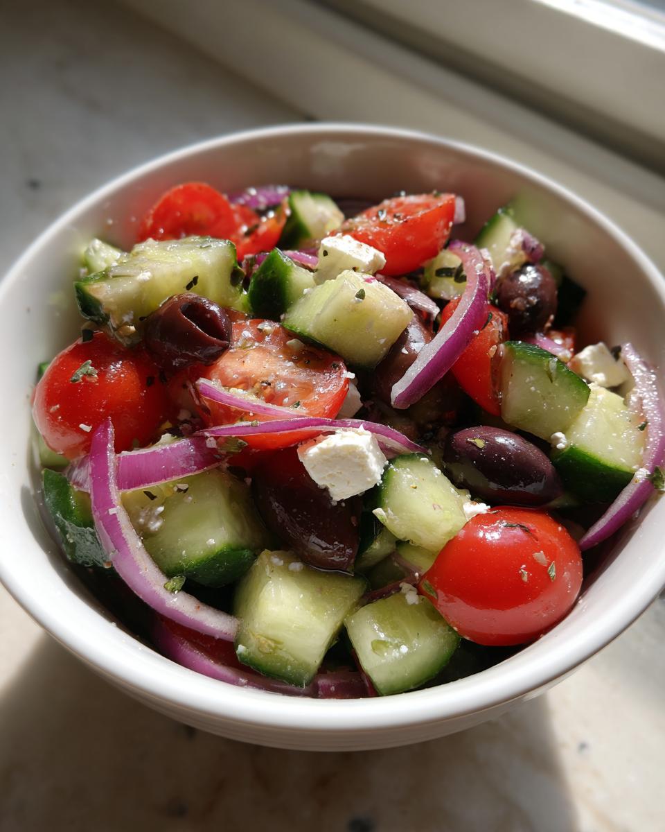 Bowl of mediterranean salad with cucumber, olives, cherry tomatoes, red onion, and feta cheese.