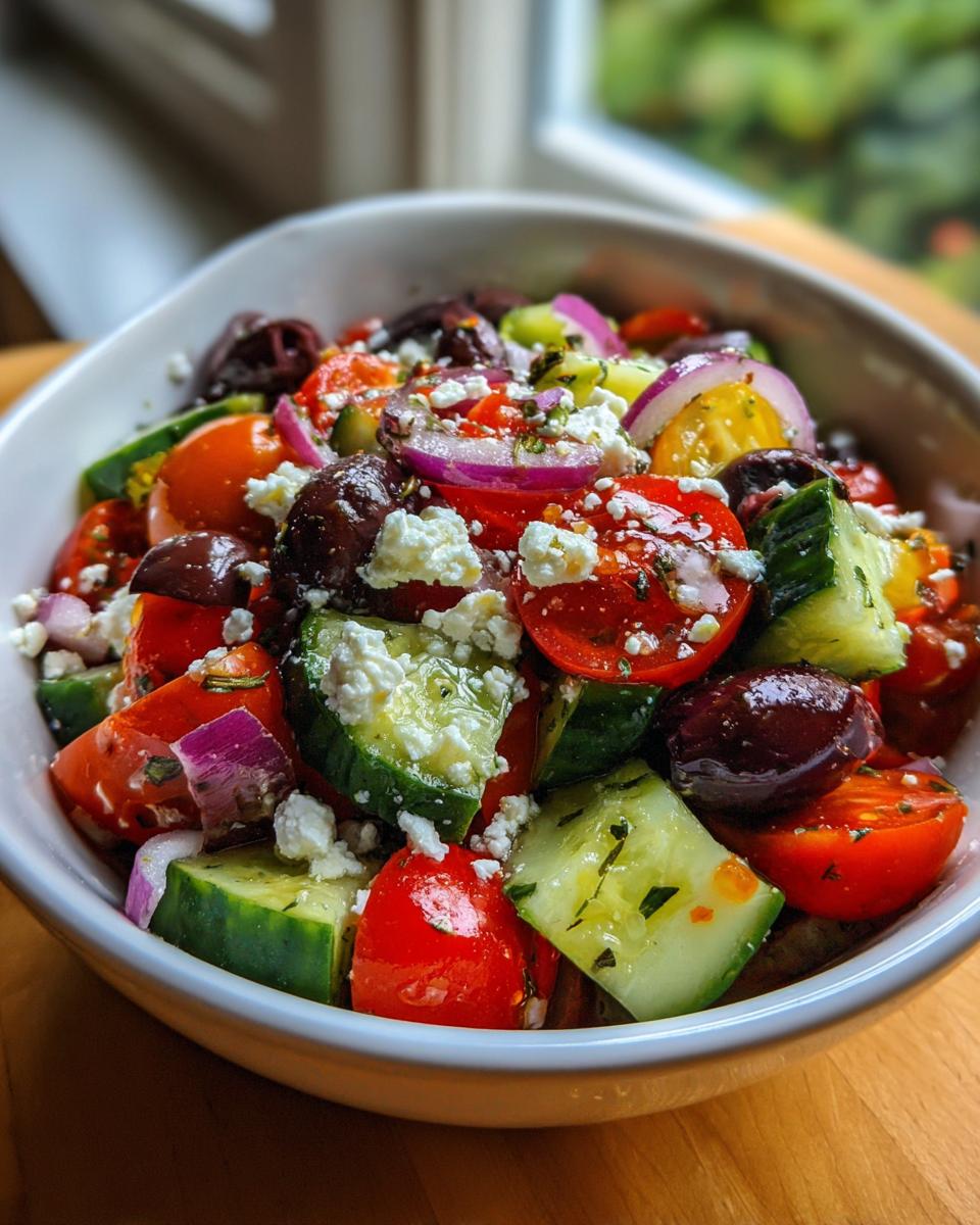 Bowl of Mediterranean salad with cucumber, olives, cherry tomatoes, red onion, and feta cheese.