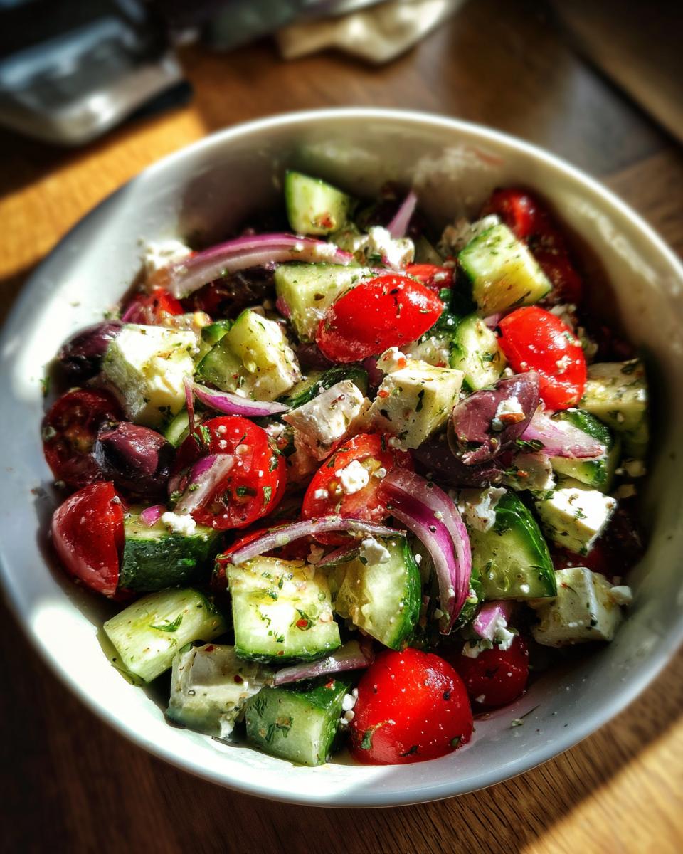 Bowl of Mediterranean salad with cucumber, olives, cherry tomatoes, red onion, and feta cheese