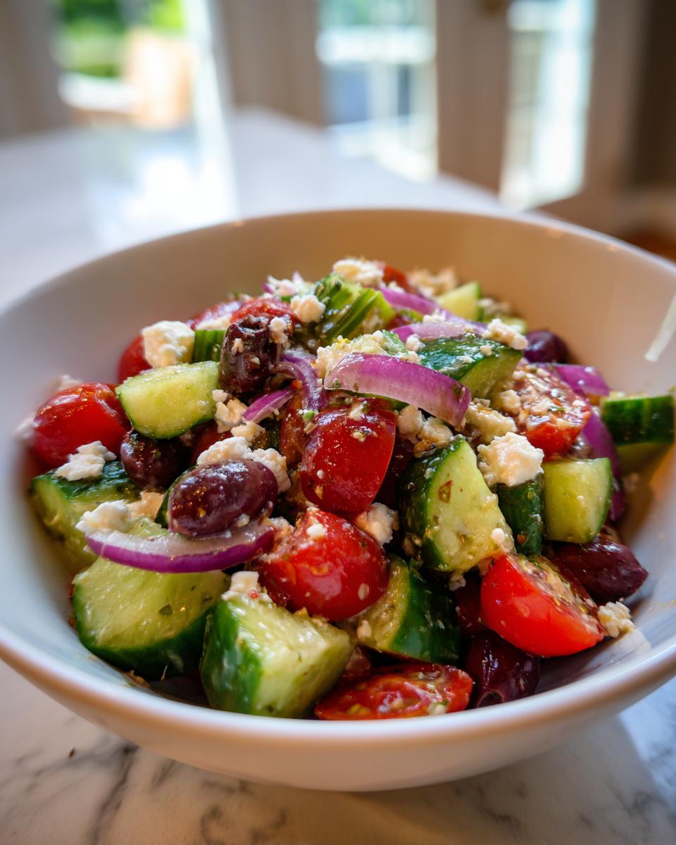 Bowl of Mediterranean salad with cucumber, olives, cherry tomatoes, red onion, and feta cheese.