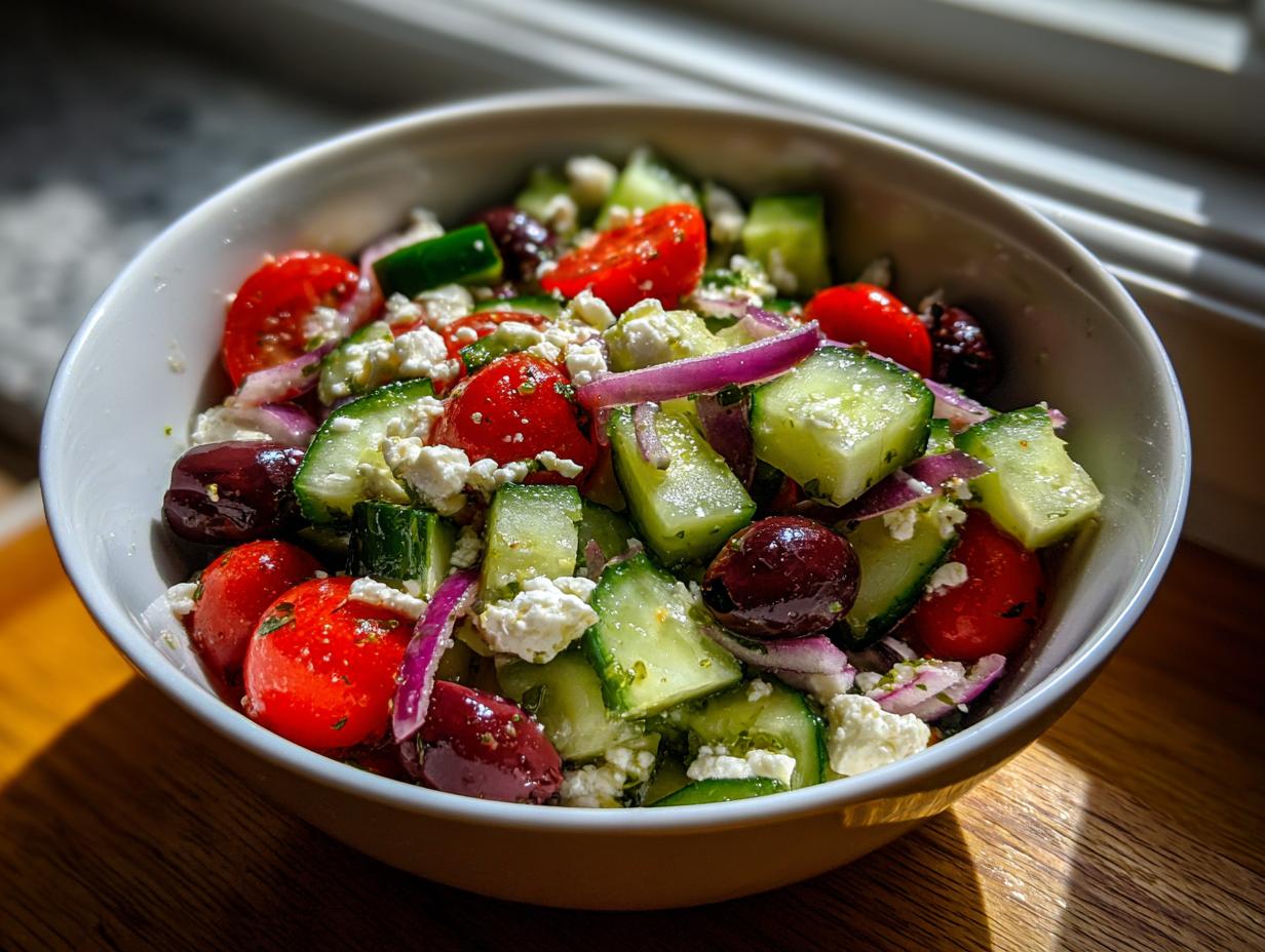 Bowl of mediterranean salad with cucumber, olives, cherry tomatoes, red onion, and feta cheese