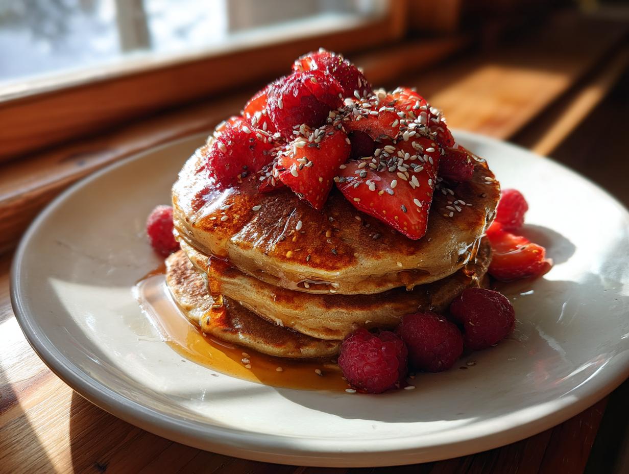 Stack of pancakes topped with strawberries, raspberries, chia seeds, and syrup on a white plate