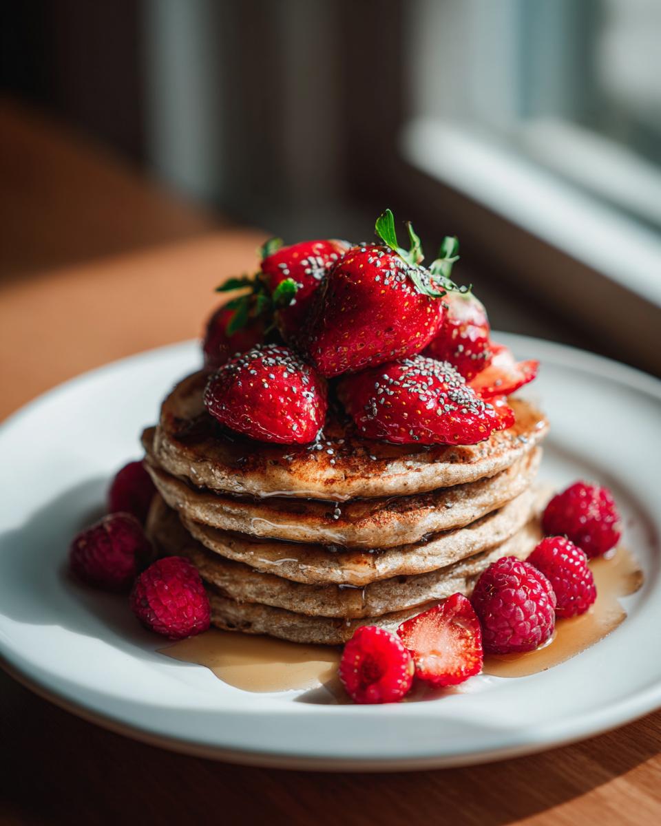Stack of pancakes topped with strawberries and raspberries drizzled with syrup for healthy valentines breakfast recipes