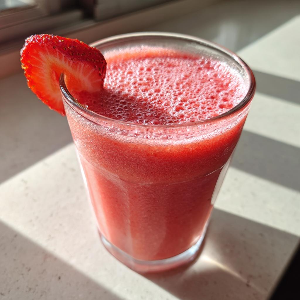 Glass of pink valentines smoothie for kids garnished with a strawberry slice on the rim.