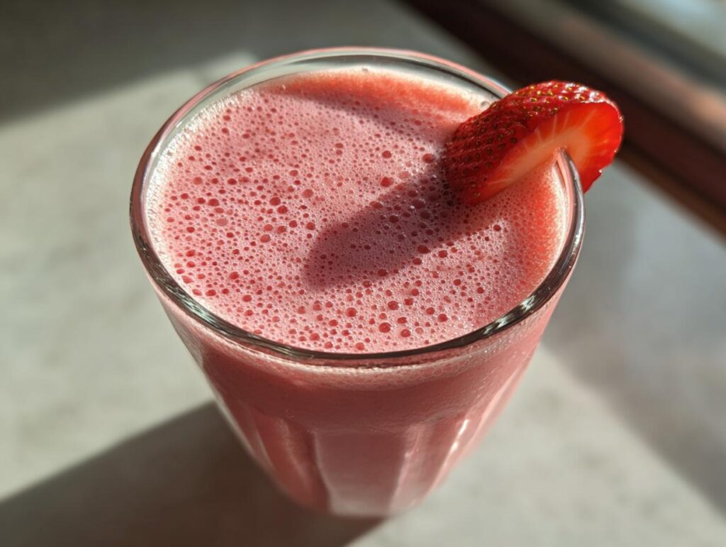 Close-up of a frothy pink valentines smoothie for kids garnished with a strawberry slice