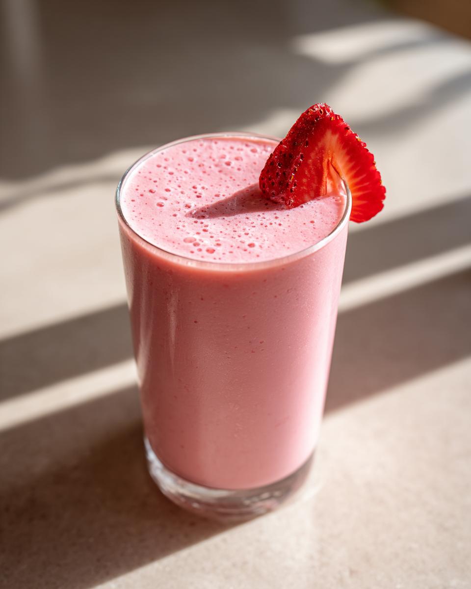 Glass of pink valentines smoothie for kids topped with a fresh strawberry slice.
