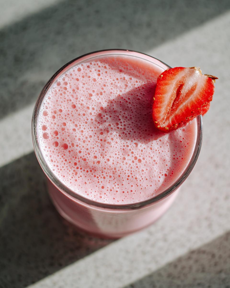 Close-up of a frothy pink valentines smoothie for kids topped with a fresh strawberry half.