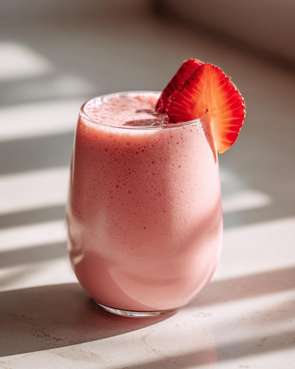 Glass of pink valentines smoothie for kids topped with fresh strawberry slices.
