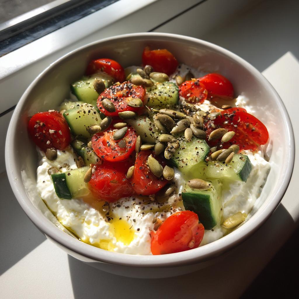 Bowl of protein packed cottage cheese snack bowl topped with cherry tomatoes, cucumber, seeds, and black pepper.