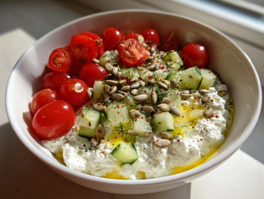Protein packed cottage cheese snack bowl topped with cherry tomatoes, cucumber, sunflower seeds, and herbs.