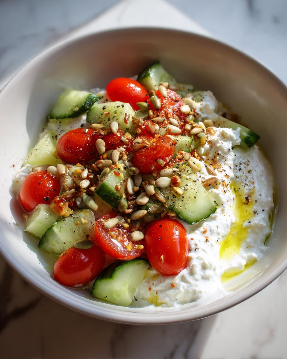 Protein packed cottage cheese snack bowl with cherry tomatoes, cucumber, seeds, and olive oil drizzle