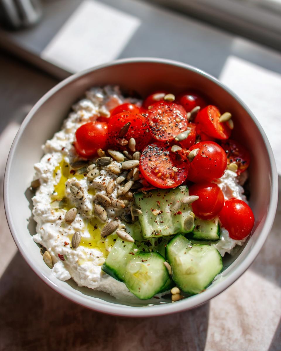 Bowl of protein packed cottage cheese snack bowl topped with cherry tomatoes, cucumber, seeds, and olive oil.