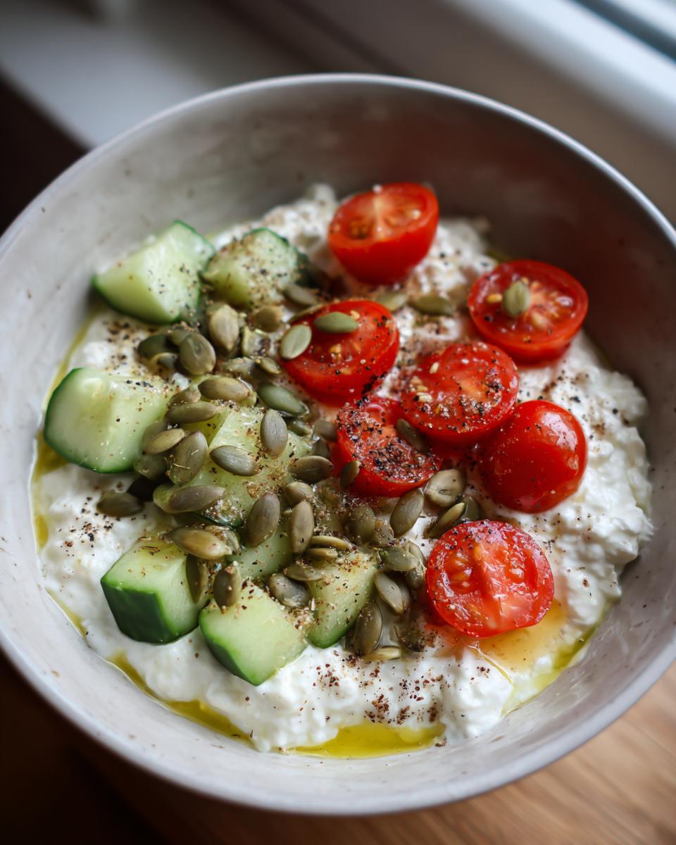 Protein packed cottage cheese snack bowl topped with cherry tomatoes, cucumber, and pumpkin seeds.
