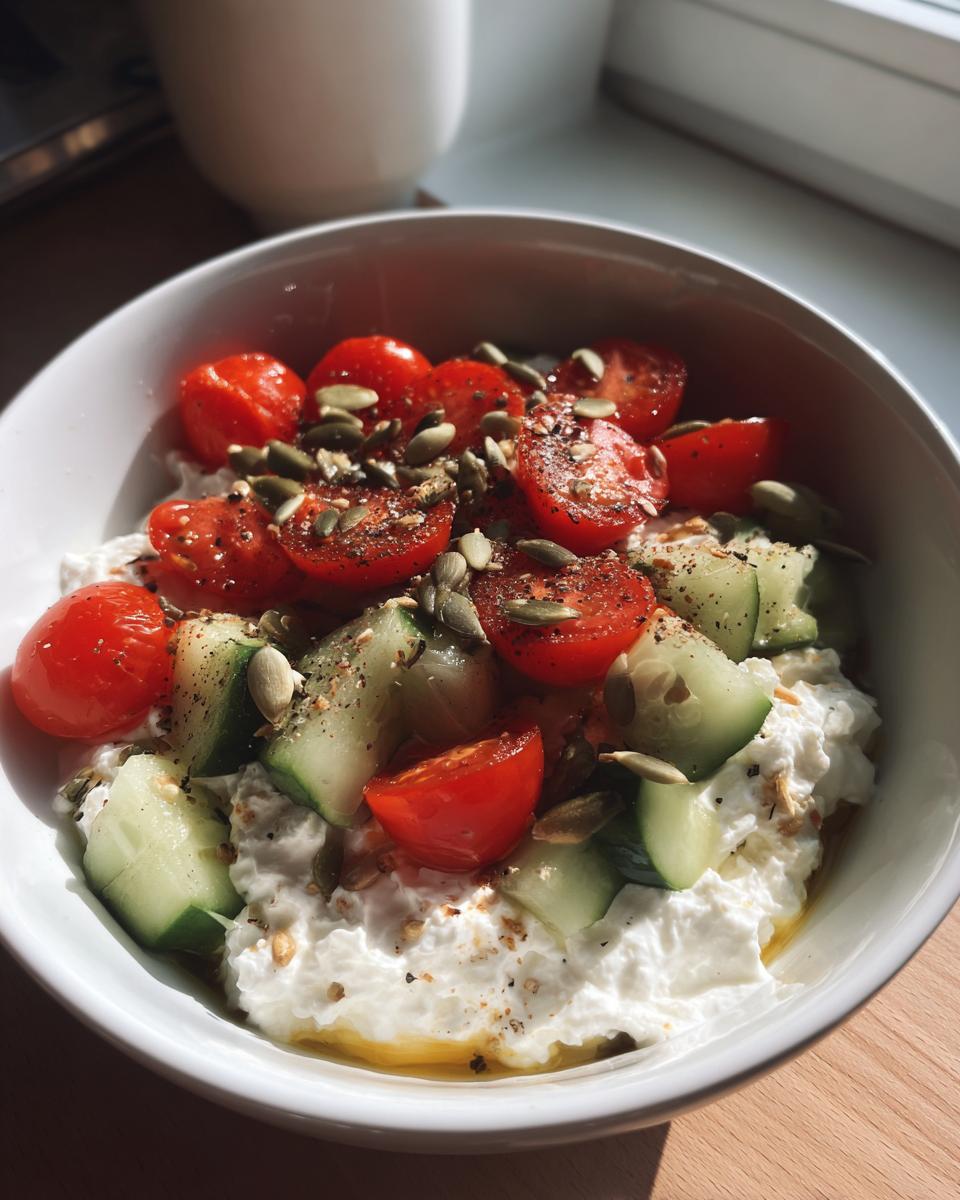 Protein packed cottage cheese snack bowl topped with cherry tomatoes, cucumber, and pumpkin seeds.
