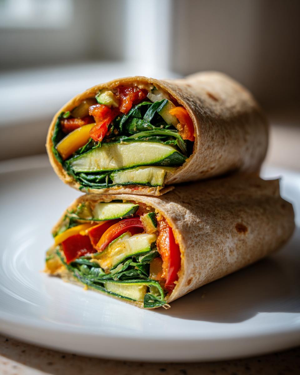 Close-up of a roasted vegetable hummus wrap for lunch cut in half on a white plate