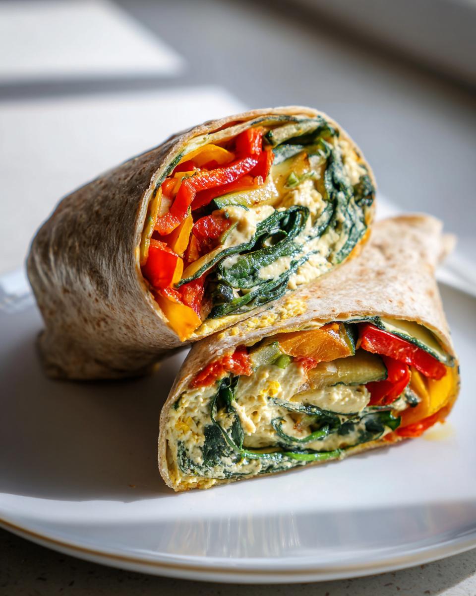 Close-up of a roasted vegetable hummus wrap for lunch with spinach, peppers, and zucchini.