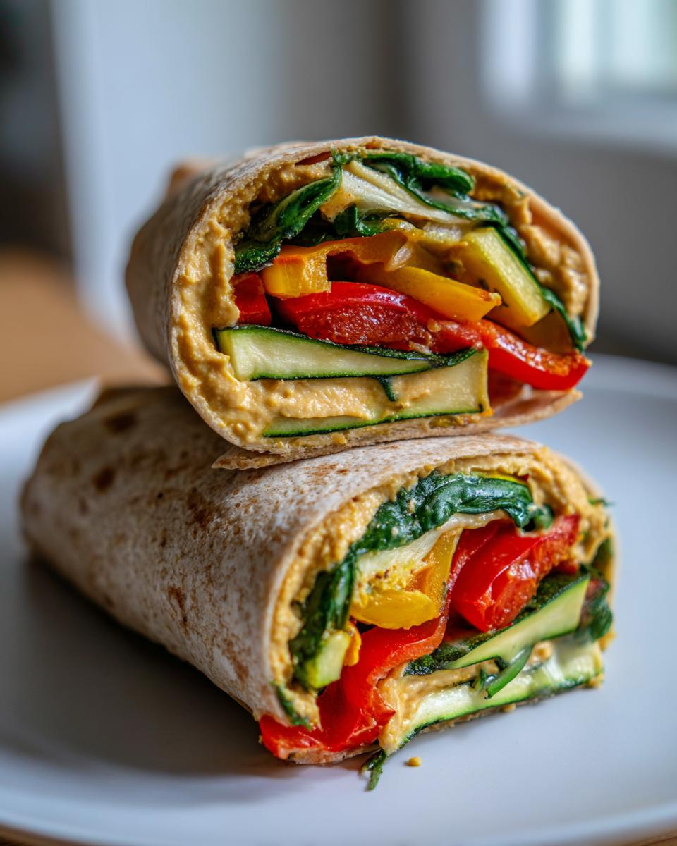 Close-up of a roasted vegetable hummus wrap for lunch with colorful veggies and spinach