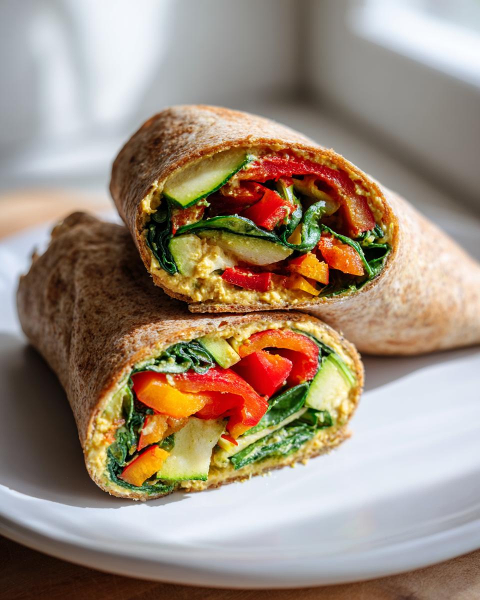 Close-up of a roasted vegetable hummus wrap for lunch cut in half on a white plate