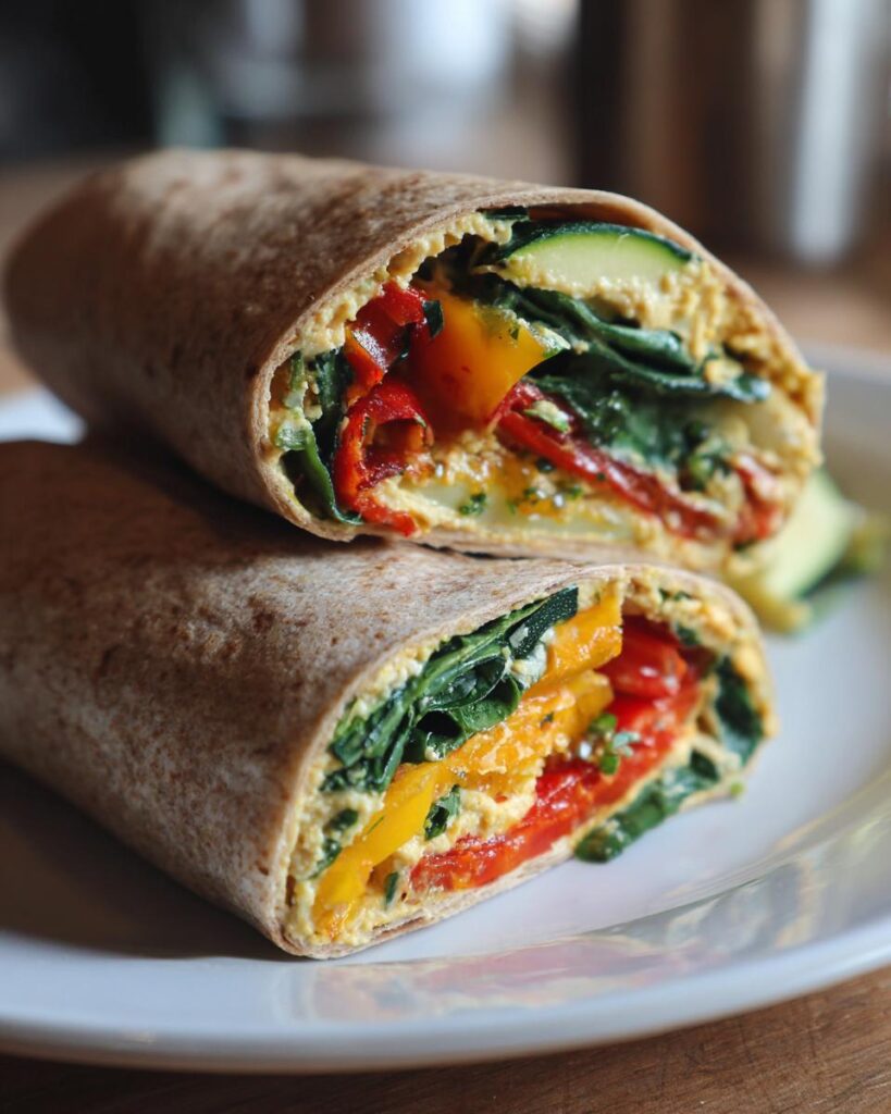 Close-up of a roasted vegetable hummus wrap for lunch cut in half showing colorful veggies and spinach inside.