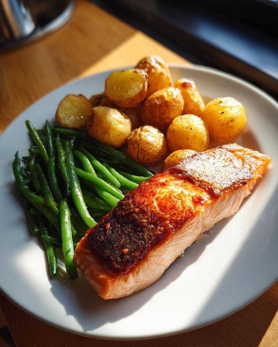 Plate with salmon with green beans and potatoes, showing crispy salmon skin and golden potatoes.