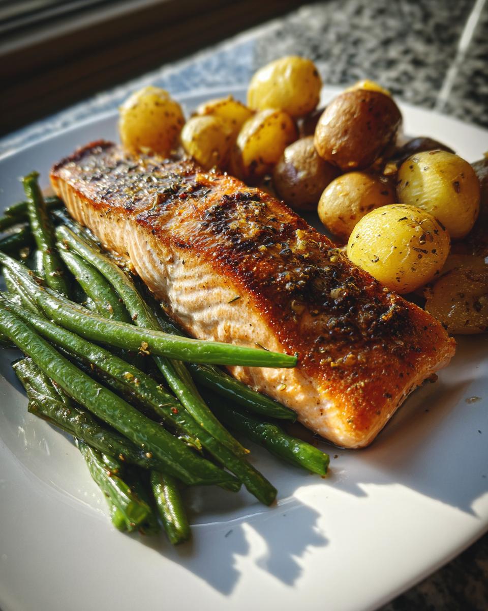 Plate with salmon with green beans and potatoes seasoned and cooked to perfection.