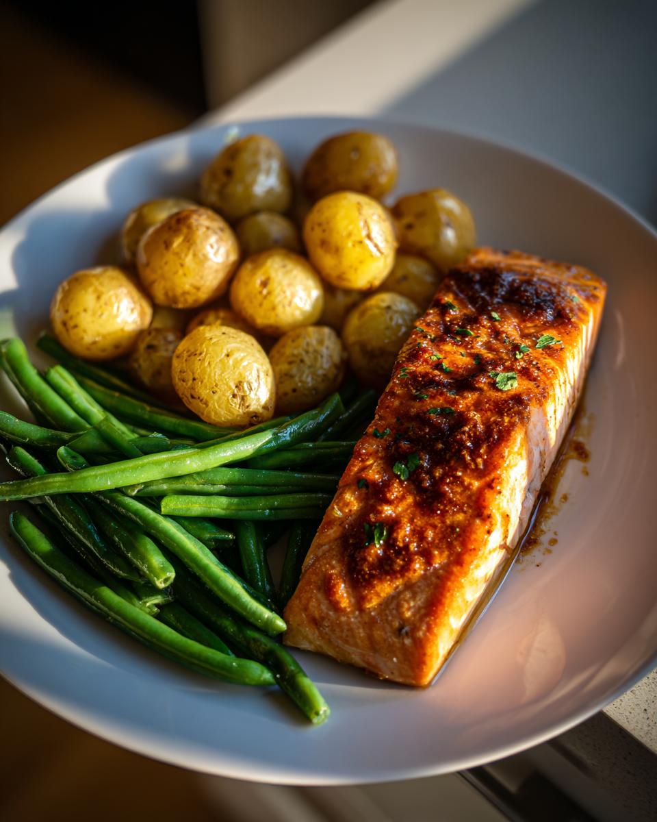 Plate with salmon with green beans and potatoes, golden potatoes and green beans beside a seared salmon fillet.