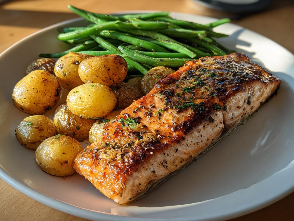 Grilled salmon with roasted baby potatoes and sautéed green beans on a white plate