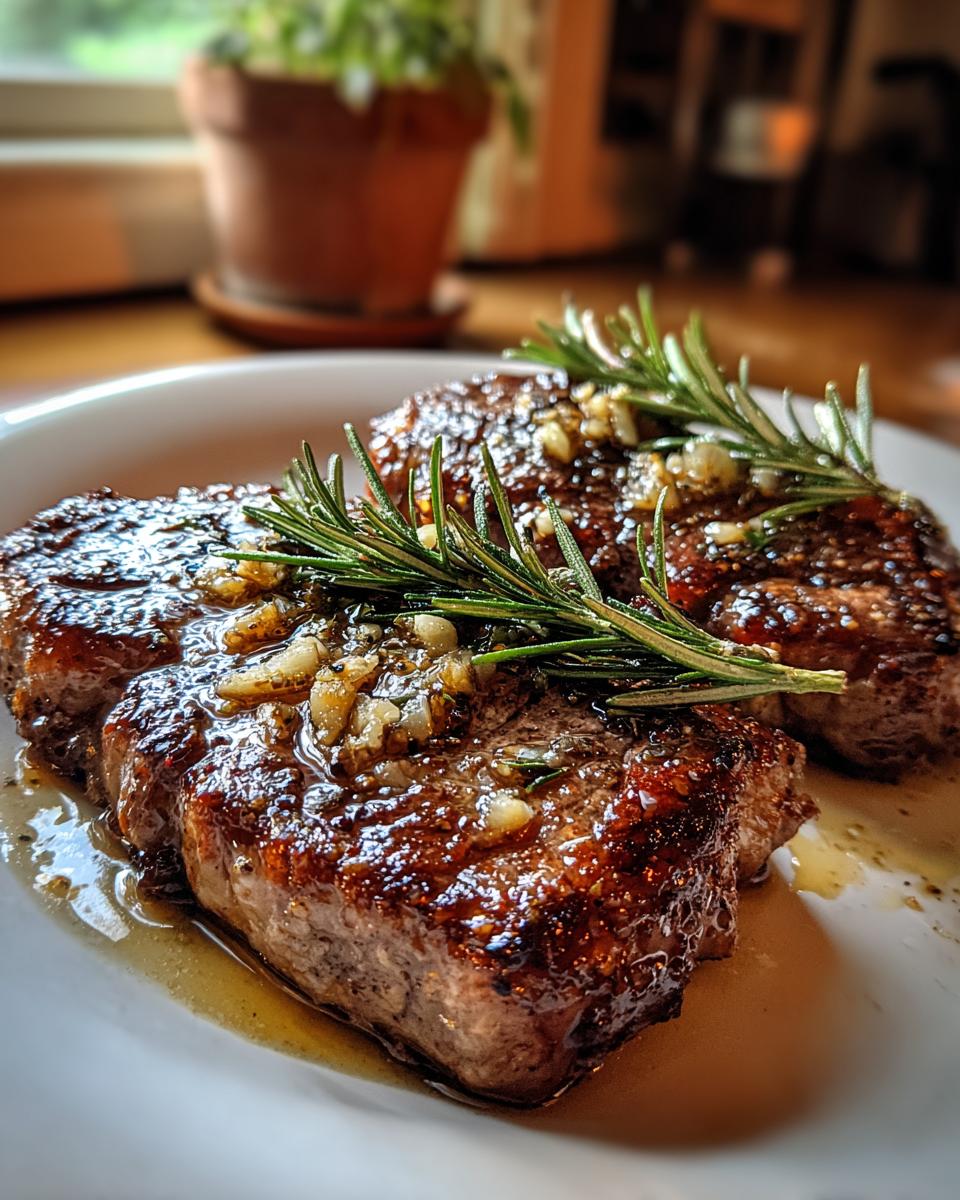 Two seared steaks garnished with garlic and rosemary on a white plate for romantic steak dinner at home for valentines