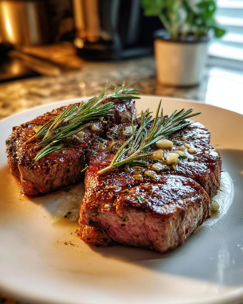 Two seared steaks topped with garlic and rosemary on a white plate for romantic steak dinner at home for valentines