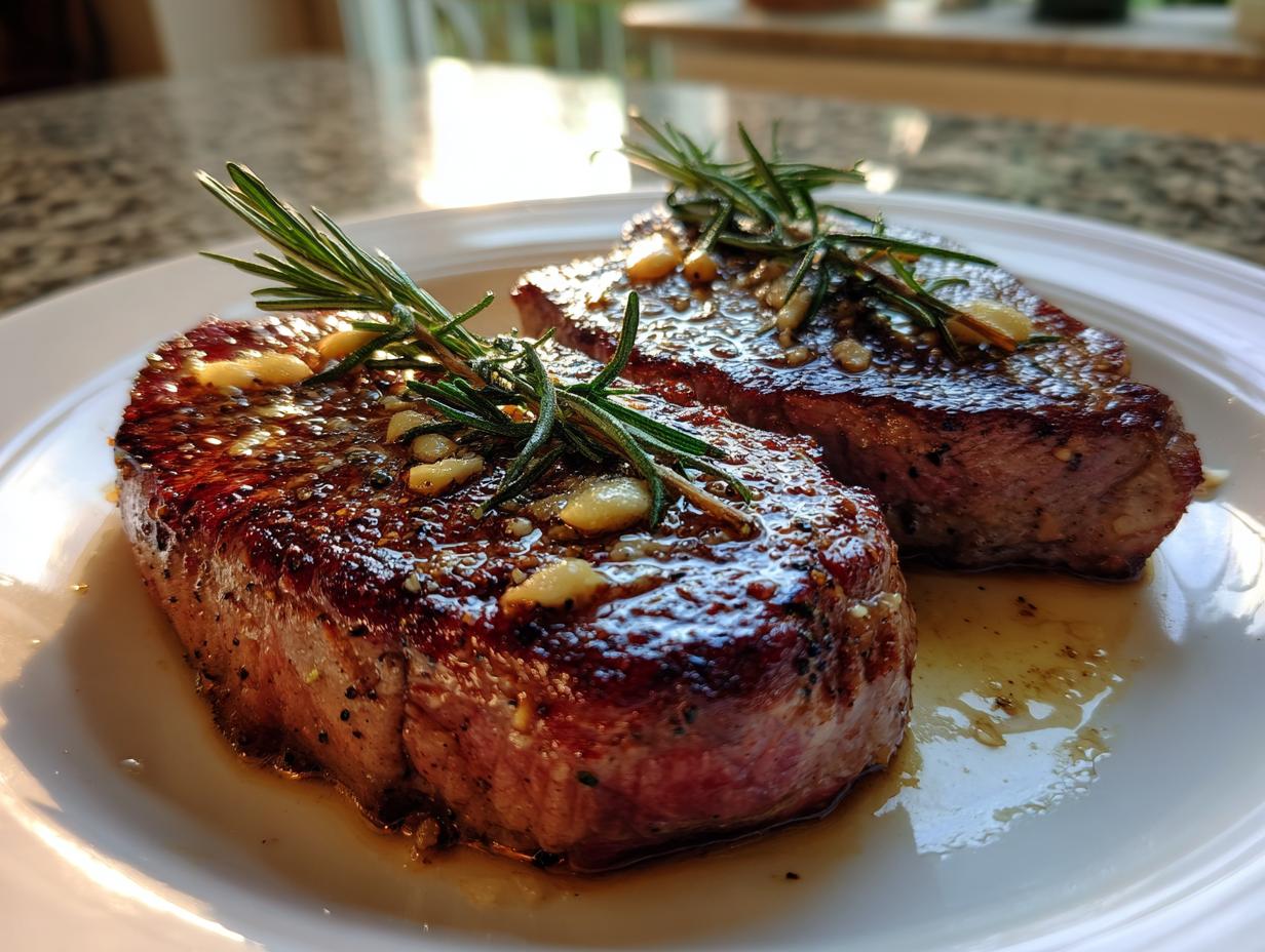 Two seared steaks garnished with garlic and rosemary on a white plate for romantic steak dinner at home for valentines