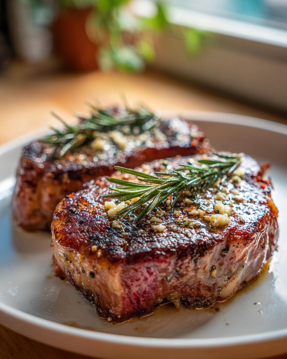 Two seared steaks topped with garlic and rosemary on a white plate for romantic steak dinner at home for valentines