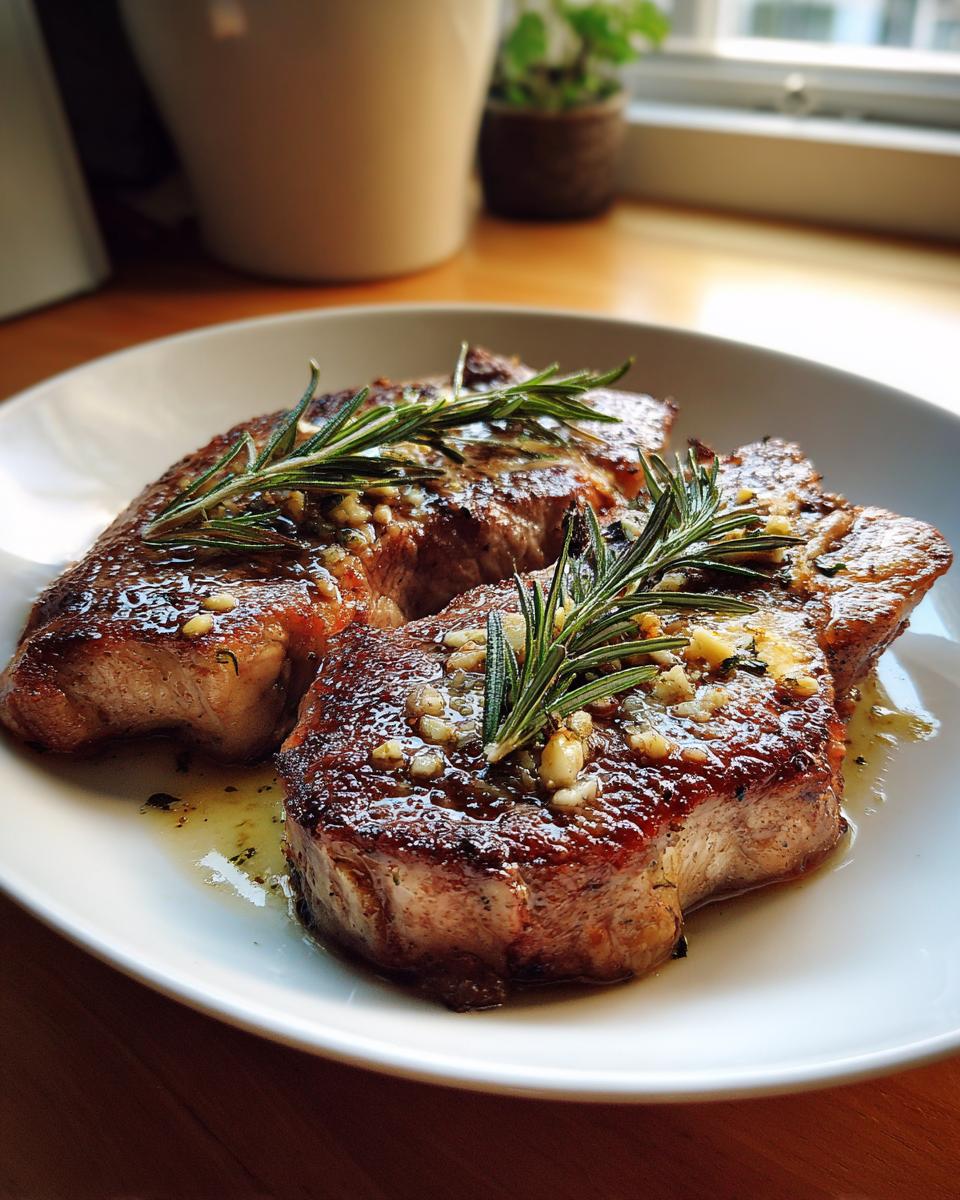Two seared steaks garnished with garlic and rosemary on a white plate.