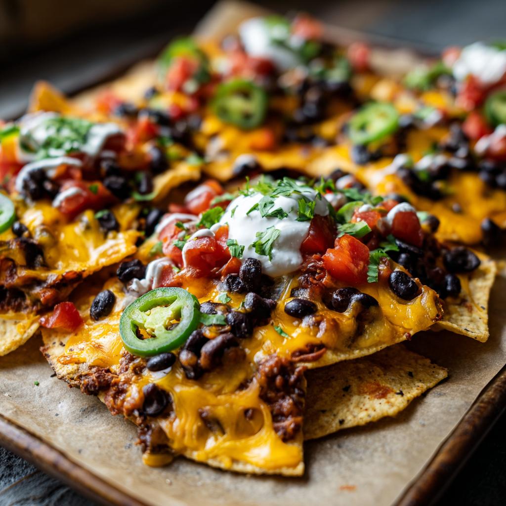 Close-up of sheet pan super bowl nachos topped with melted cheese, black beans, jalapeños, tomatoes, sour cream, and cilantro.
