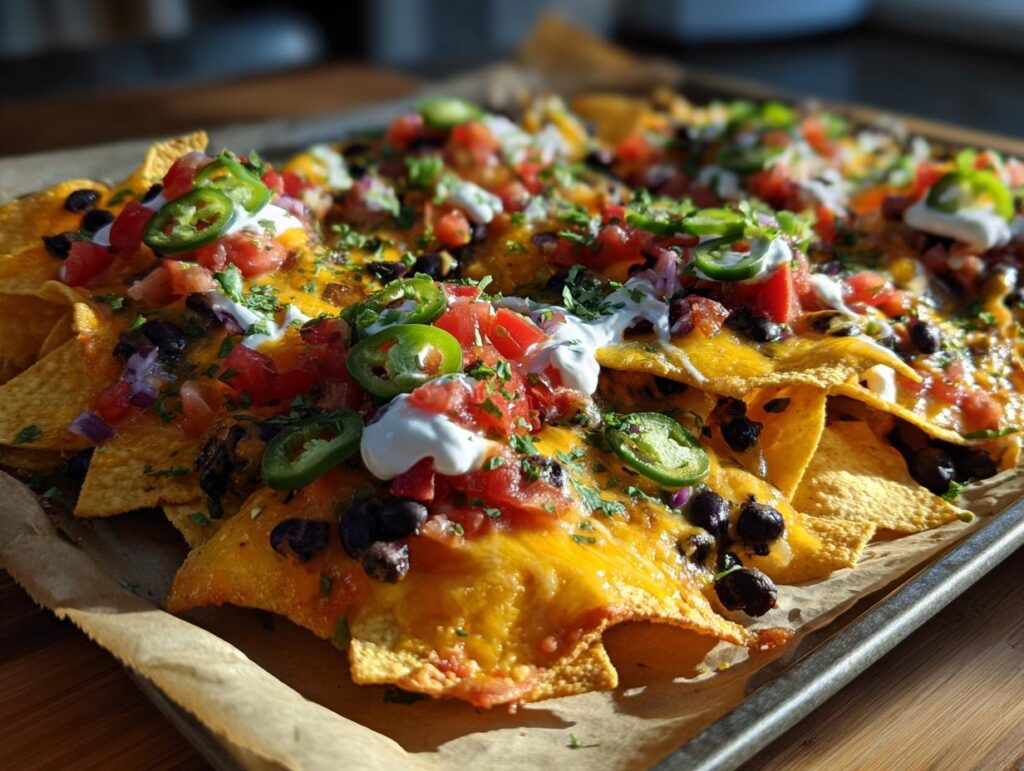 Sheet pan super bowl nachos for game day topped with melted cheese, jalapenos, black beans, salsa, and sour cream