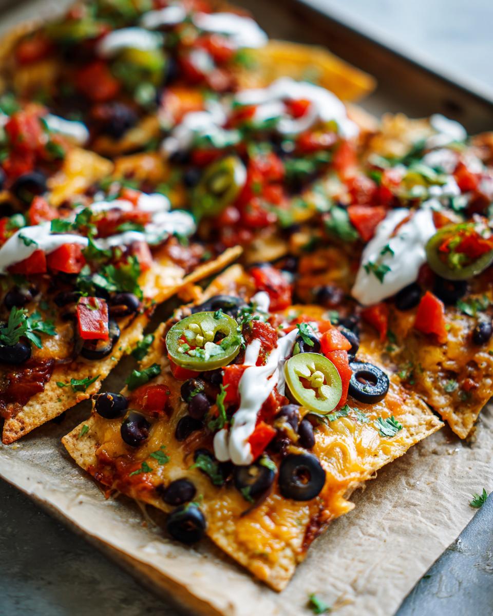 Close-up of sheet pan super bowl nachos for game day topped with cheese, jalapeños, olives, tomatoes, and sour cream