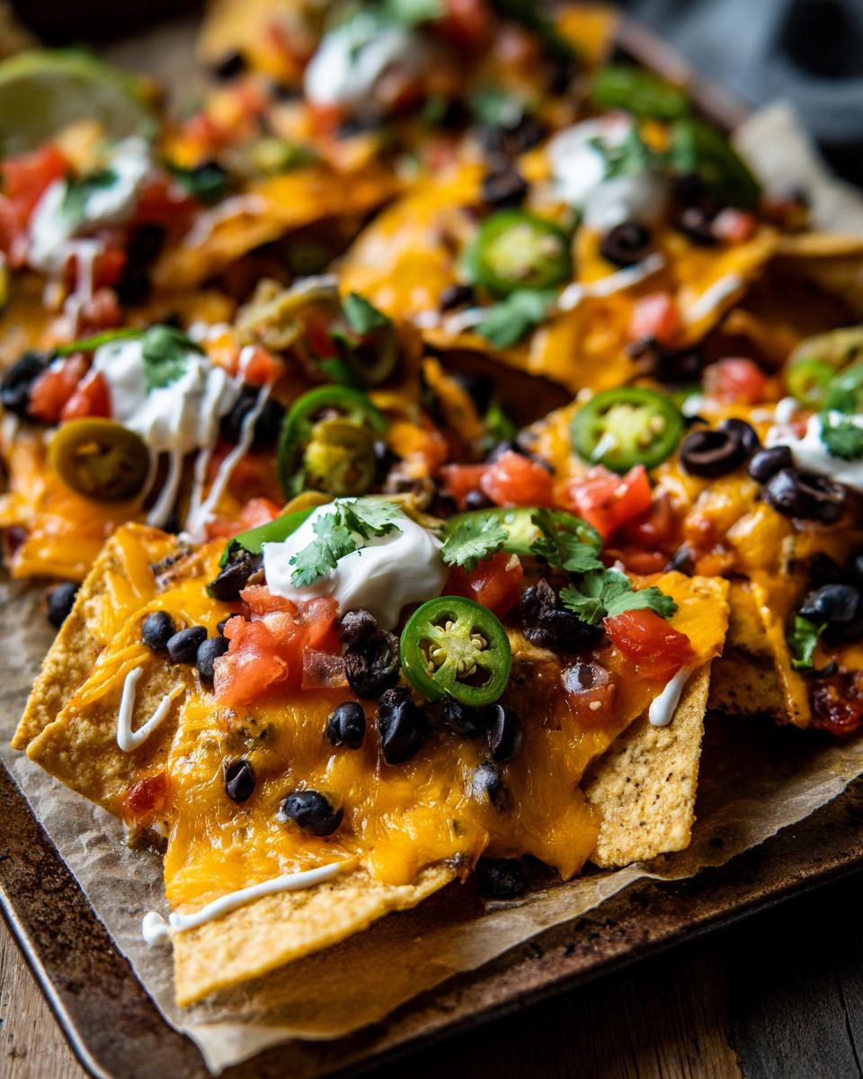 Sheet pan super bowl nachos for game day topped with melted cheddar, jalapenos, black beans, tomatoes, and sour cream.