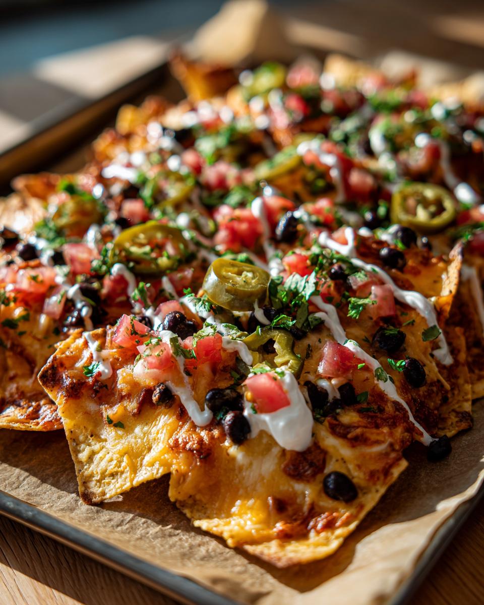 Sheet pan super bowl nachos for game day topped with cheese, black beans, jalapenos, tomatoes, and sour cream.
