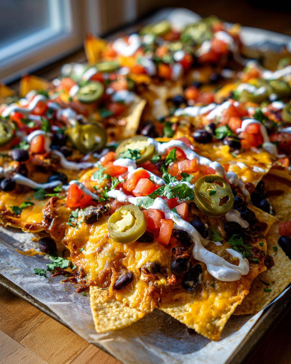 Close-up of sheet pan super bowl nachos for game day topped with cheese, jalapenos, tomatoes, black beans, and sour cream